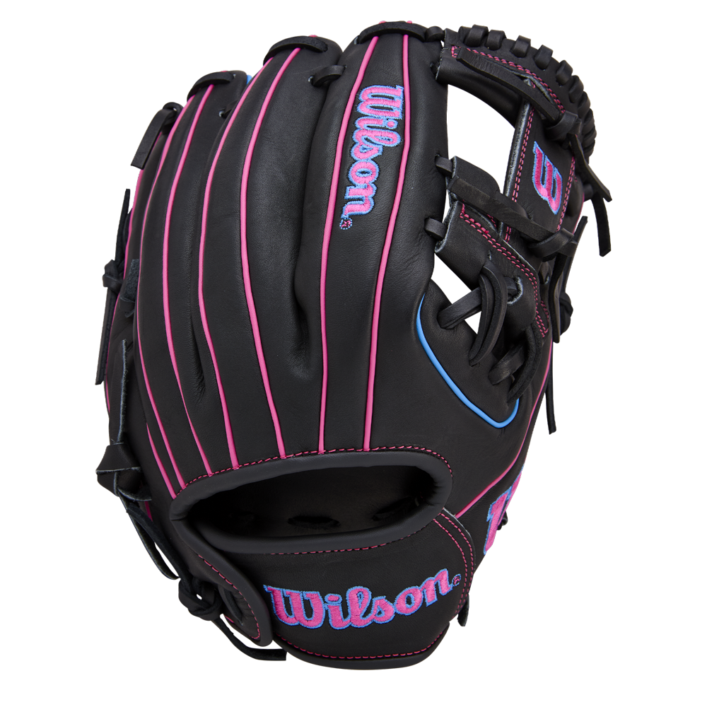 The Wilson A1000 DP15 11.5" Baseball Glove (WBW103956115) features black full grain leather, bright pink stitching, blue Wilson logos, and an open web design, shown against a white background.