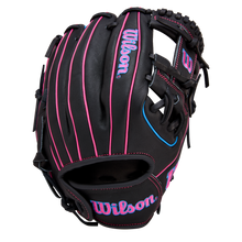 The Wilson A1000 DP15 11.5" Baseball Glove (WBW103956115) features black full grain leather, bright pink stitching, blue Wilson logos, and an open web design, shown against a white background.