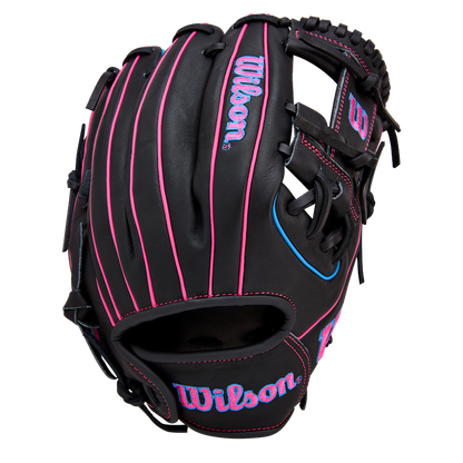 The Wilson A1000 DP15 11.5" Baseball Glove (WBW103956115) features black full grain leather, bright pink stitching, blue Wilson logos, and an open web design, shown against a white background.