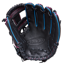 The Wilson A1000 DP15 11.5" Baseball Glove (WBW103956115) features a black design with pink stitching, blue trim, visible laces, and palm branding. Made from full grain leather for lasting performance.