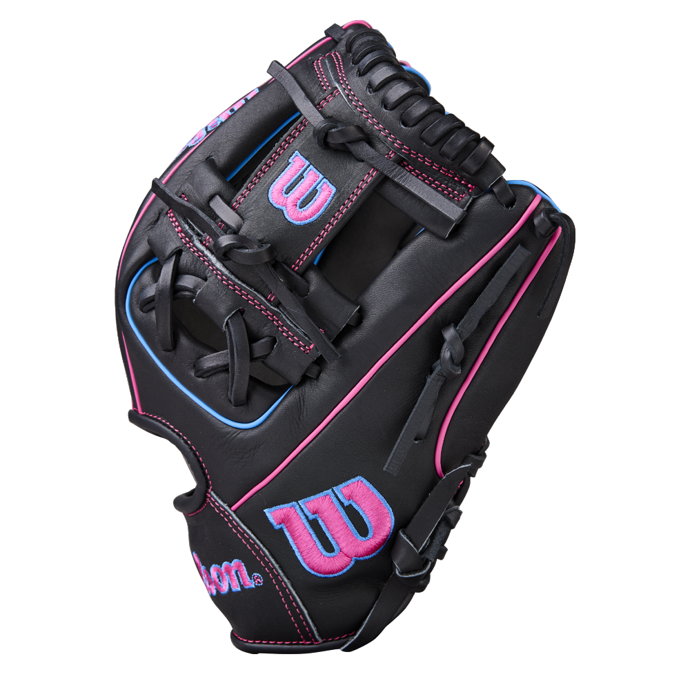 The Wilson A1000 DP15 11.5" Baseball Glove (WBW103956115) is a black full grain leather infield glove with pink and blue stitching, pink "W" logos on the thumb and back, shown on a plain white background.