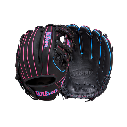 The Wilson A1000 DP15 11.5" Baseball Glove (WBW103956115) features Pedroia Fit with pink and blue accents, detailed stitching, and prominent Wilson branding—shown from both front and back views.