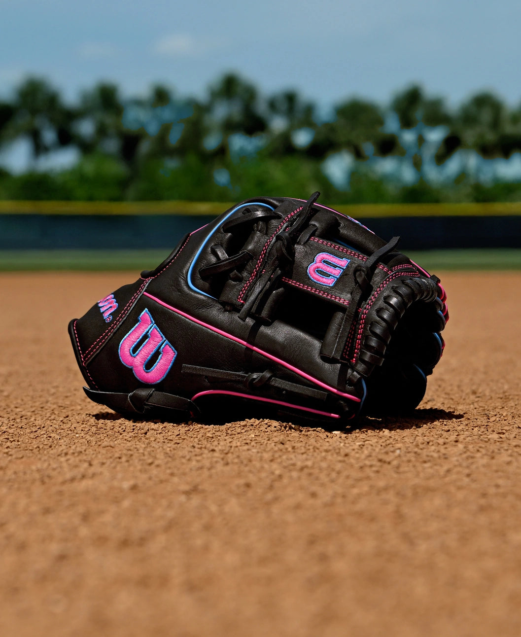 A Wilson A1000 DP15 11.5" Baseball Glove (WBW103956115) by Wilson, featuring black leather with pink and blue accents, rests on the dirt with green grass and blurred trees in the background.