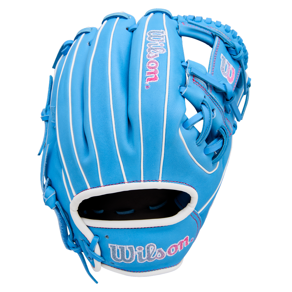 The Wilson A1000 1786 11.5" Baseball Glove (WBW103957115) features blue leather, white laces, pink accents, and the Wilson logo in white and pink on the wrist strap and back of the hand.