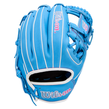 The Wilson A1000 1786 11.5" Baseball Glove (WBW103957115) features blue leather, white laces, pink accents, and the Wilson logo in white and pink on the wrist strap and back of the hand.