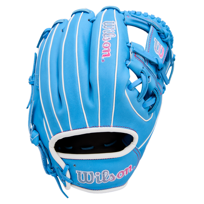 The Wilson A1000 1786 11.5" Baseball Glove (WBW103957115) features blue leather, white laces, pink accents, and the Wilson logo in white and pink on the wrist strap and back of the hand.