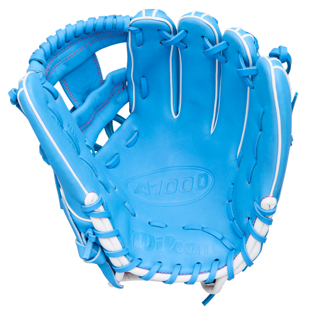 A Wilson A1000 1786 11.5" baseball glove (WBW103957115) in bright blue with white lacing and stitching, displayed palm side up against a white background.
