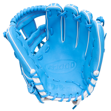 A Wilson A1000 1786 11.5" baseball glove (WBW103957115) in bright blue with white lacing and stitching, displayed palm side up against a white background.