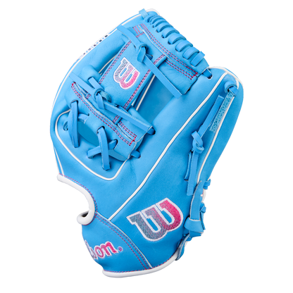 The Wilson A1000 1786 11.5" Baseball Glove (WBW103957115) by Wilson features bright blue Pro Stock leather with white and pink accents, plus the Wilson logo, displayed on a plain white background.