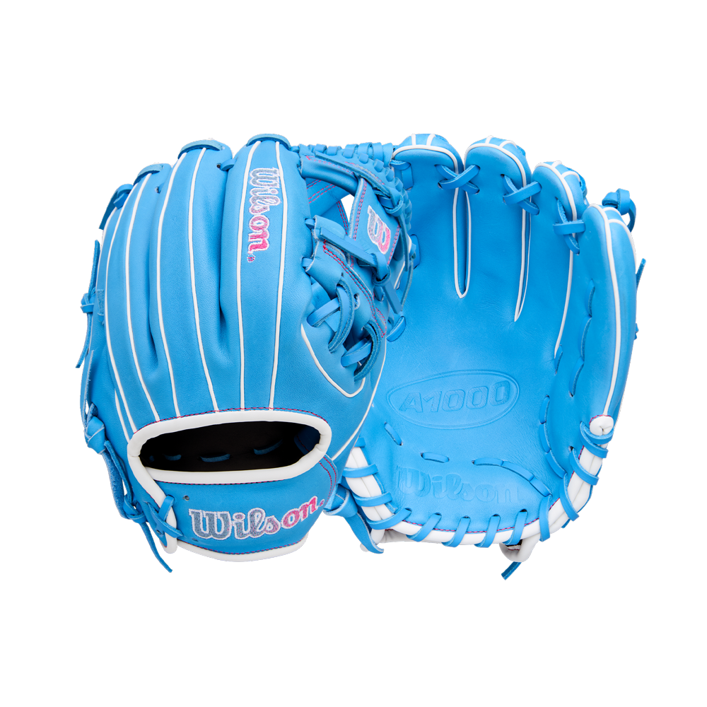 Two Wilson A1000 1786 11.5" Baseball Gloves (WBW103957115) are shown side by side on a plain white background, displaying both the front and back of these blue Pro Stock leather infield gloves with white laces and trim.