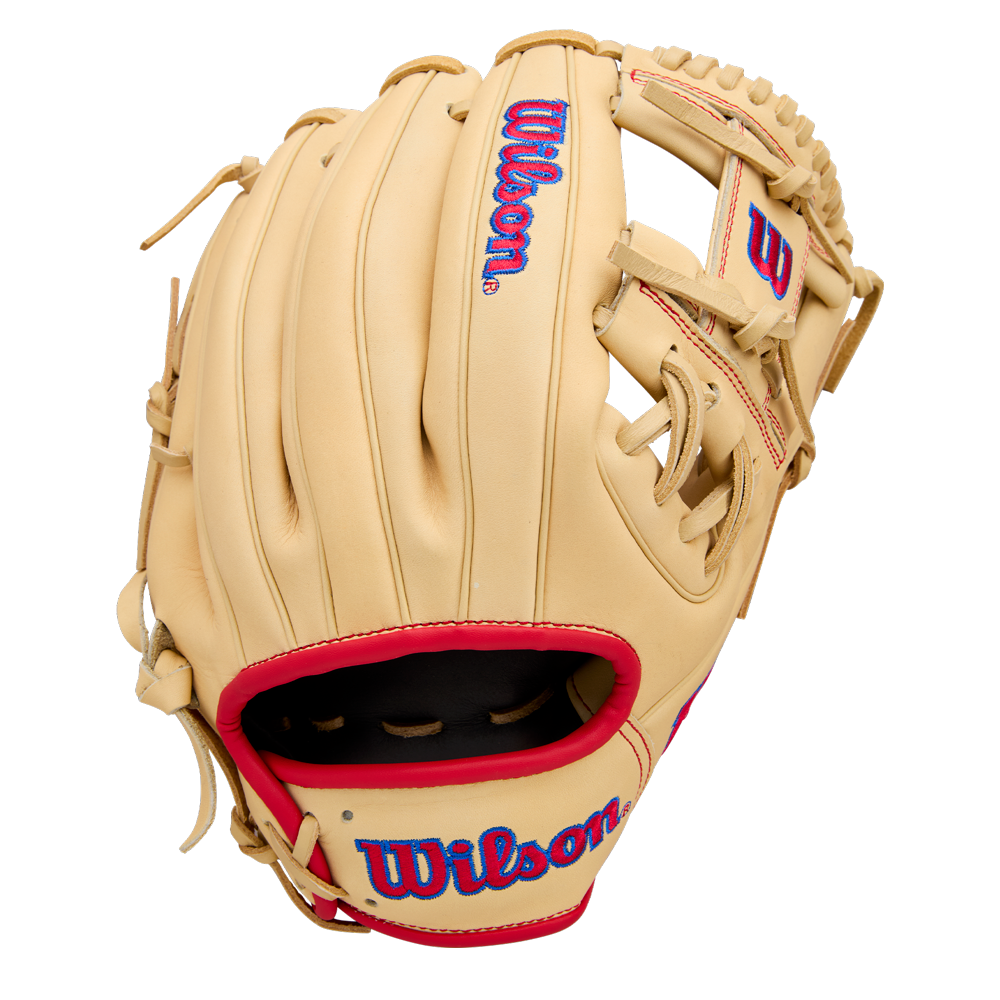 The Wilson A1000 1975 11.75" Baseball Glove (WBW1039591175) by Wilson features a tan design with red trim, blue Wilson logos on the wrist strap and back, brown laces, and an open web, displayed against a plain white background.