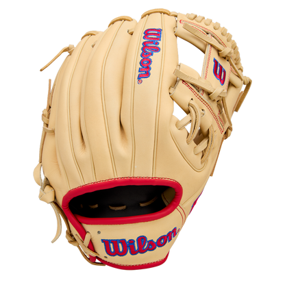 The Wilson A1000 1975 11.75" Baseball Glove (WBW1039591175) by Wilson features a tan design with red trim, blue Wilson logos on the wrist strap and back, brown laces, and an open web, displayed against a plain white background.
