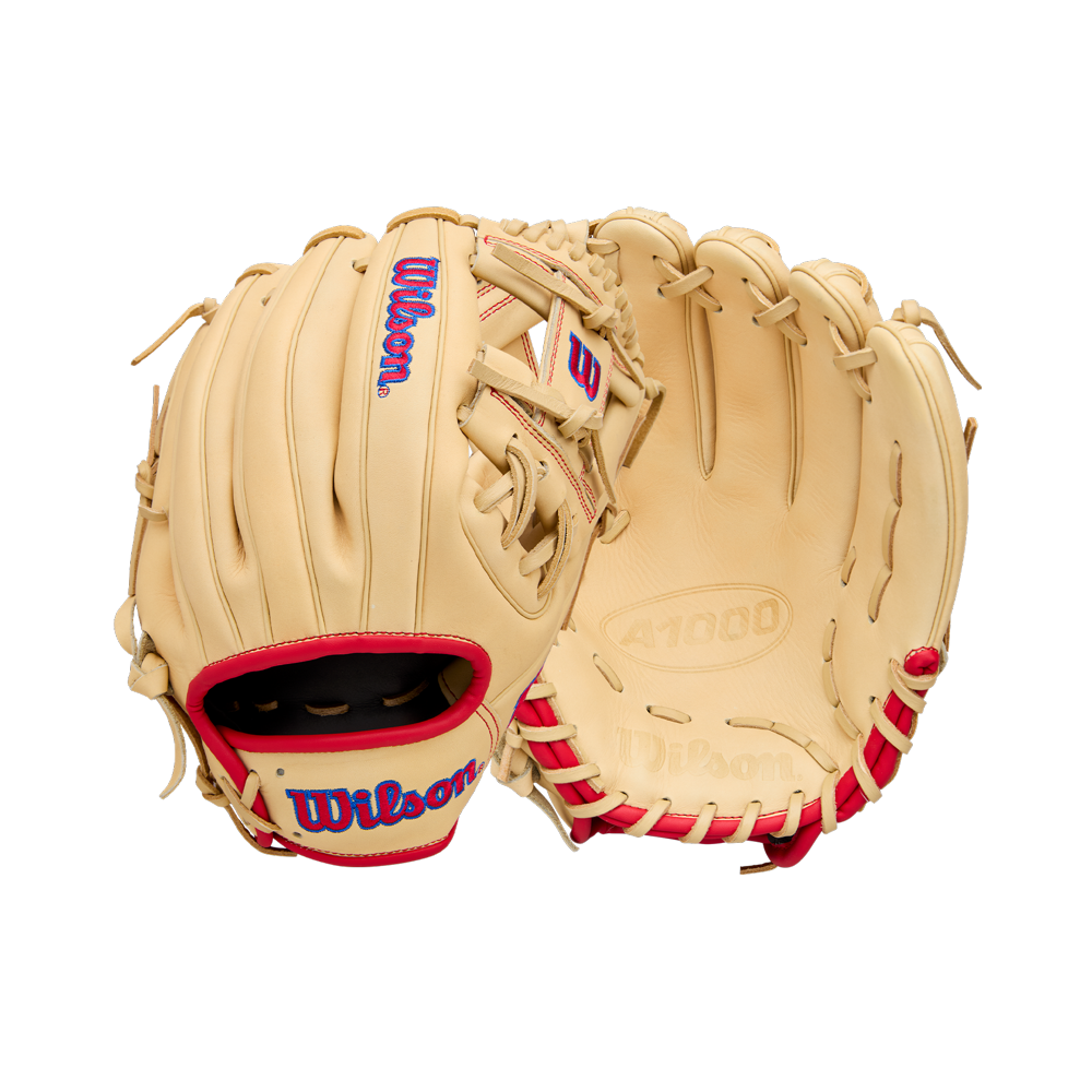 Two Wilson A1000 1975 11.75" baseball gloves (model WBW1039591175) in tan with red and blue accents, displayed to show both palm and laced sides. Ideal for youth infielders.