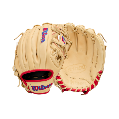 Two Wilson A1000 1975 11.75" baseball gloves (model WBW1039591175) in tan with red and blue accents, displayed to show both palm and laced sides. Ideal for youth infielders.