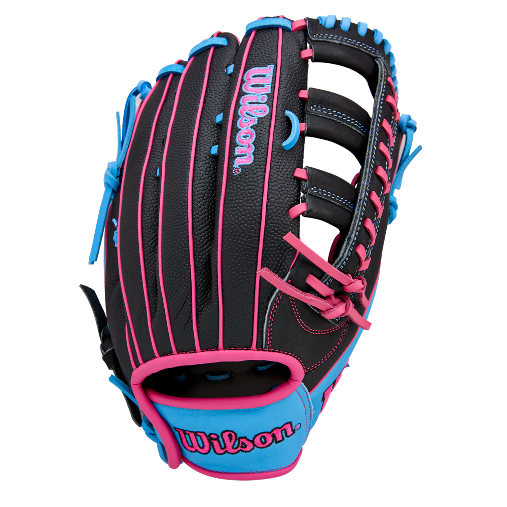 The Wilson A1000 1892 12.25" Baseball Glove by Wilson is a black outfield glove made from Full Grain leather, highlighted with pink and blue stitching, laces, and accents, including a blue and pink Wilson logo on the wrist.