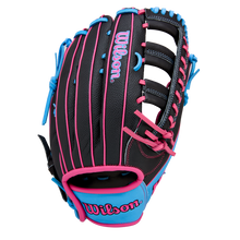 The Wilson A1000 1892 12.25" Baseball Glove by Wilson is a black outfield glove made from Full Grain leather, highlighted with pink and blue stitching, laces, and accents, including a blue and pink Wilson logo on the wrist.