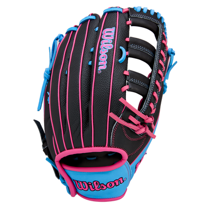 The Wilson A1000 1892 12.25" Baseball Glove by Wilson is a black outfield glove made from Full Grain leather, highlighted with pink and blue stitching, laces, and accents, including a blue and pink Wilson logo on the wrist.