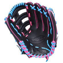 The Wilson A1000 1892 12.25" Baseball Glove (WBW1039621225) by Wilson is a black outfield glove with bright blue and pink laces and stitching, made from Full Grain leather, shown open with the palm up against a white background.