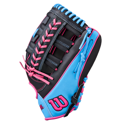 The Wilson A1000 1892 12.25" Baseball Glove (WBW1039621225) features a Pedroia Fit, black, bright blue, and pink sections with pink laces, blue accents, a B logo on the thumb, and Full Grain leather, shown on a plain white background.