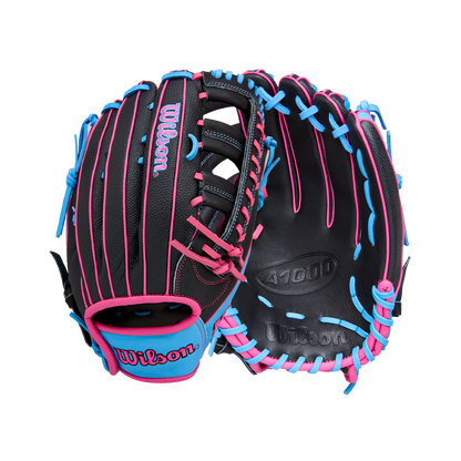A Wilson A1000 1892 12.25" baseball glove (WBW1039621225) in black with bright blue and pink laces, made from Full Grain leather, is shown open and closed on a white background.