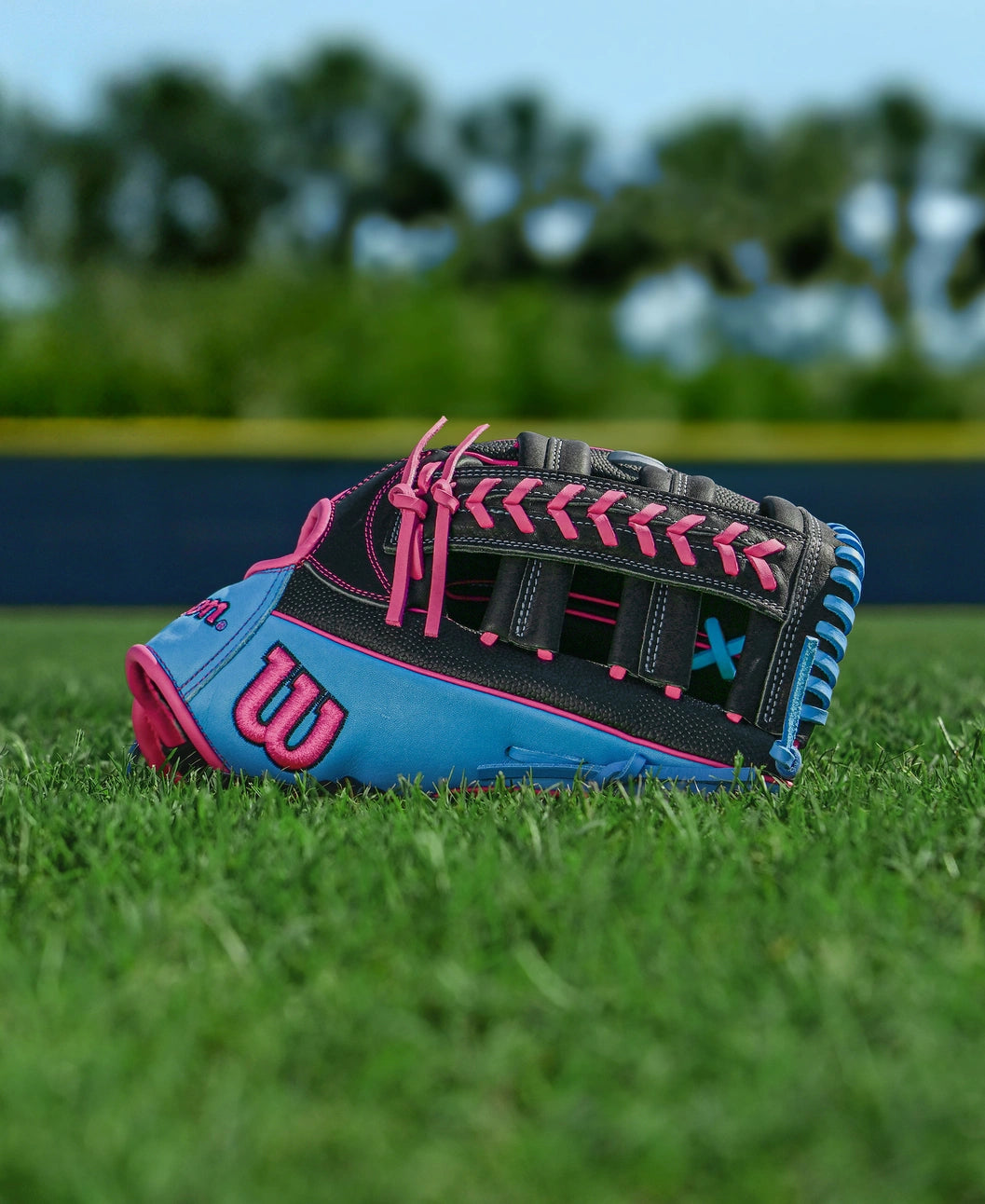 A Wilson A1000 1892 12.25" Baseball Glove: WBW1039621225 with blue, pink, and black accents rests on green grass. The Full Grain leather glove stands out against a blurred backdrop of trees and a blue outfield fence.