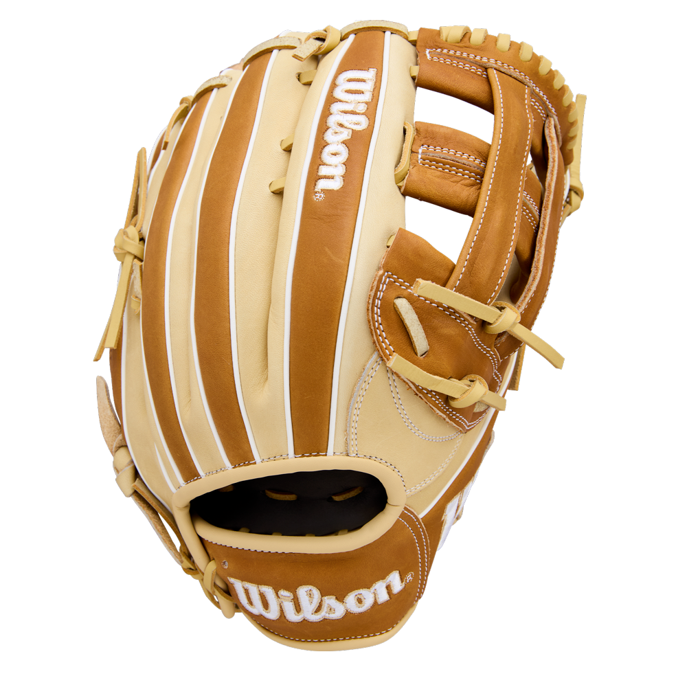 The Wilson A1000 1750 12.5" Baseball Glove (WBW103964125) features a brown and tan full grain leather design with white stitching and embroidered Wilson logos on the thumb and wrist, shown against a white background.