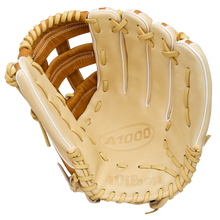 A Wilson A1000 1750 12.5" Baseball Glove (WBW103964125) in tan, features visible lacing, stitching, open palm with webbing details, and premium full grain leather construction.