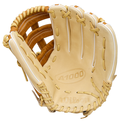 A Wilson A1000 1750 12.5" Baseball Glove (WBW103964125) in tan, features visible lacing, stitching, open palm with webbing details, and premium full grain leather construction.