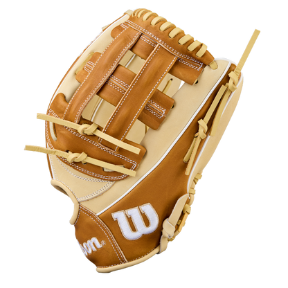 The Wilson A1000 1750 12.5" Baseball Glove (WBW103964125) features a tan and cream full grain leather design, white stitching, and a white-embroidered Wilson logo on the thumb, shown against a white background.
