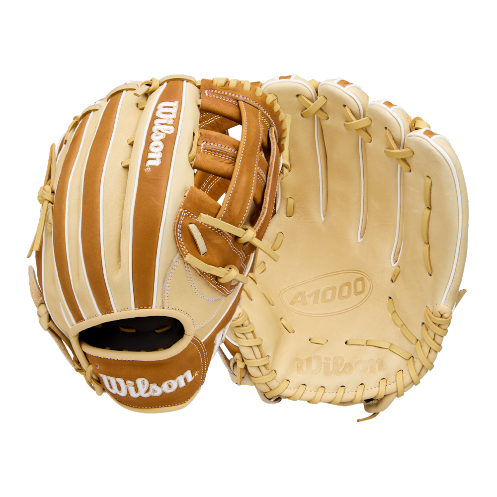 A Wilson A1000 1750 12.5" Baseball Glove (WBW103964125) in tan and brown full grain leather is displayed from front and back on a plain white background.