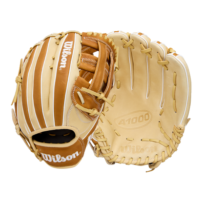 A Wilson A1000 1750 12.5" Baseball Glove (WBW103964125) in tan and brown full grain leather is displayed from front and back on a plain white background.