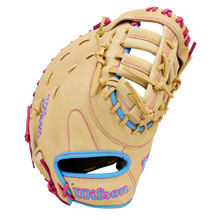The Wilson A1000 1620 12.5" Baseball First Base Mitt (WBW103967125) features tan full grain leather, pink lacing, blue accents, and a pink-and-blue Wilson logo on the thumb and wrist area, shown on a white background.