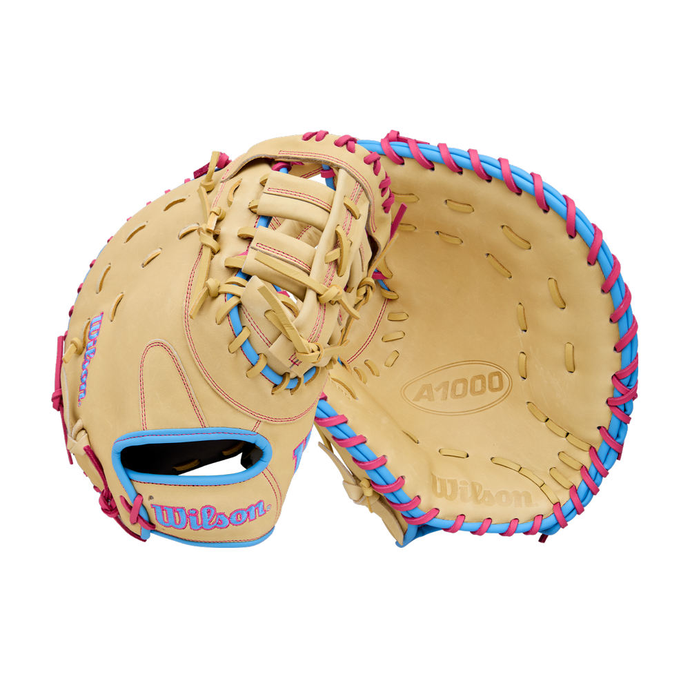 The Wilson A1000 1620 12.5" Baseball First Base Mitt (WBW103967125) by Wilson is shown in tan with blue and pink laces, displayed from both top and inside to highlight its full grain leather stitching and design details.