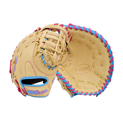 The Wilson A1000 1620 12.5" Baseball First Base Mitt (WBW103967125) by Wilson is shown in tan with blue and pink laces, displayed from both top and inside to highlight its full grain leather stitching and design details.