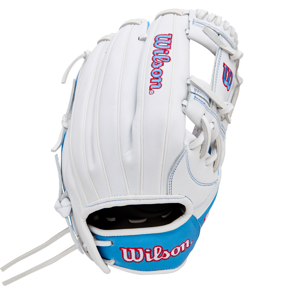 The Wilson A1000 H12 12" Fastpitch Glove (WBW10396912) is a white infield glove with blue and red accents and features the red Wilson logo on the wrist strap and back.