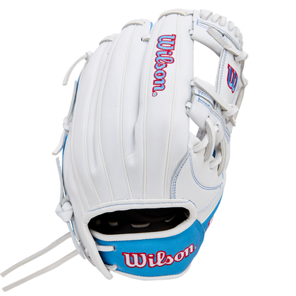 The Wilson A1000 H12 12" Fastpitch Glove (WBW10396912) is a white infield glove with blue and red accents and features the red Wilson logo on the wrist strap and back.