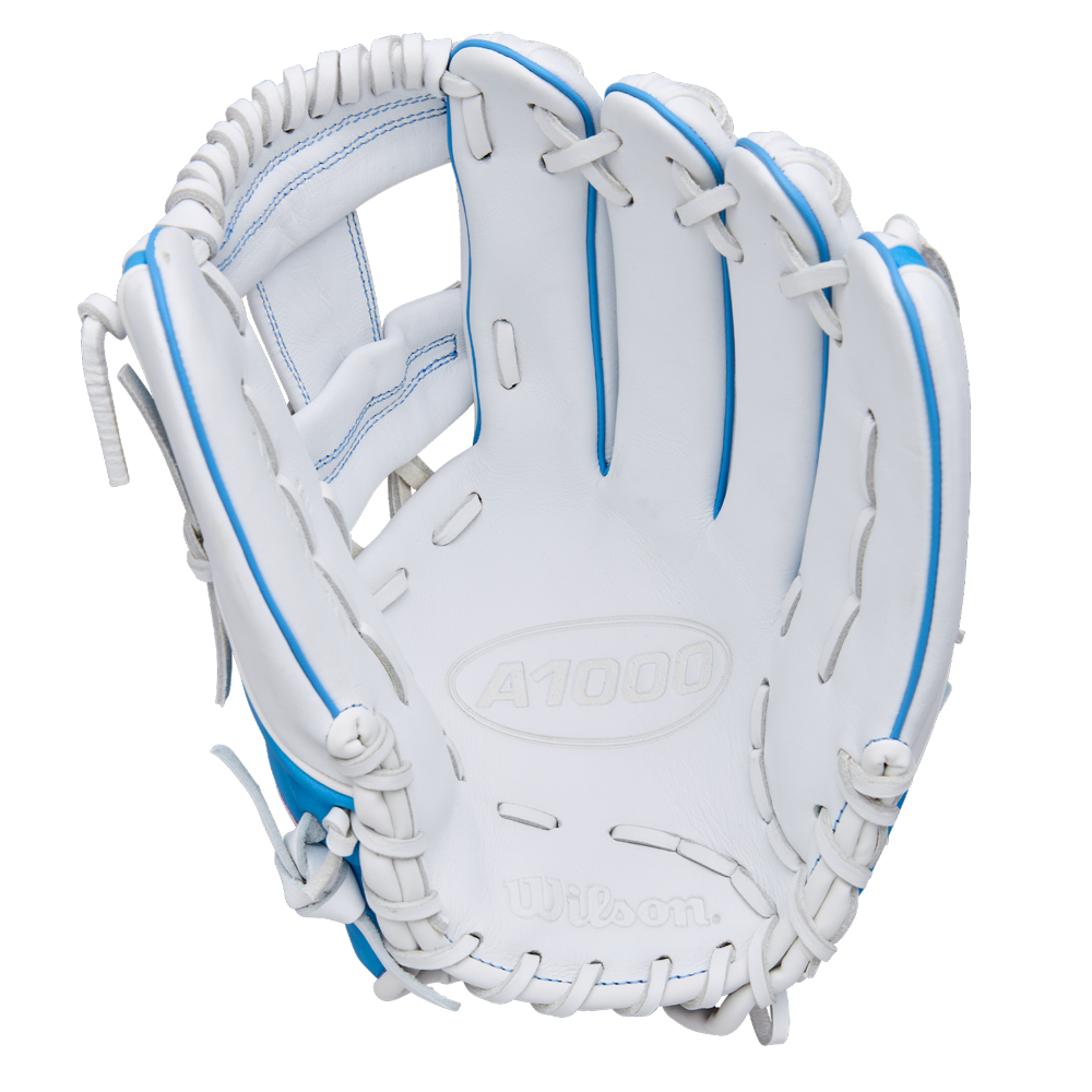 A Wilson A1000 H12 12" Fastpitch Glove (WBW10396912) in white with blue accents and lacing is shown from above, displaying the inner palm and finger slots.