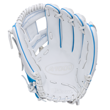A Wilson A1000 H12 12" Fastpitch Glove (WBW10396912) in white with blue accents and lacing is shown from above, displaying the inner palm and finger slots.