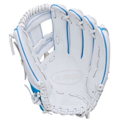 A Wilson A1000 H12 12" Fastpitch Glove (WBW10396912) in white with blue accents and lacing is shown from above, displaying the inner palm and finger slots.