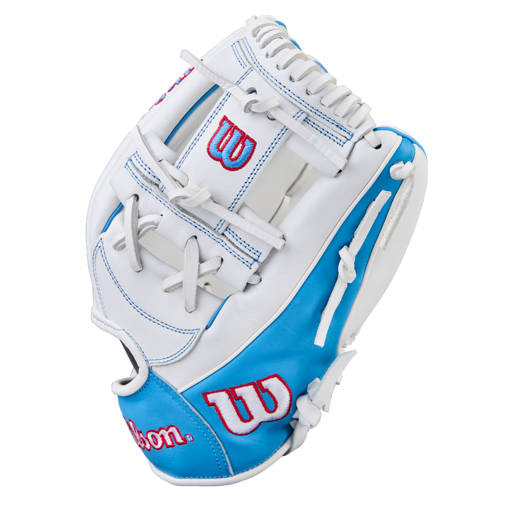 The Wilson A1000 H12 12" Fastpitch Glove (WBW10396912) features a white and light blue design with red Wilson logos and white laces, displayed against a plain white background.