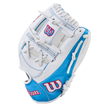 The Wilson A1000 H12 12" Fastpitch Glove (WBW10396912) features a white and light blue design with red Wilson logos and white laces, displayed against a plain white background.