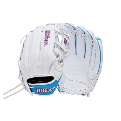 The Wilson A1000 H12 12" Fastpitch Glove (WBW10396912) by Wilson features a white design with blue accents, red logo, and white laces, displayed from both palm and back on a plain white background.