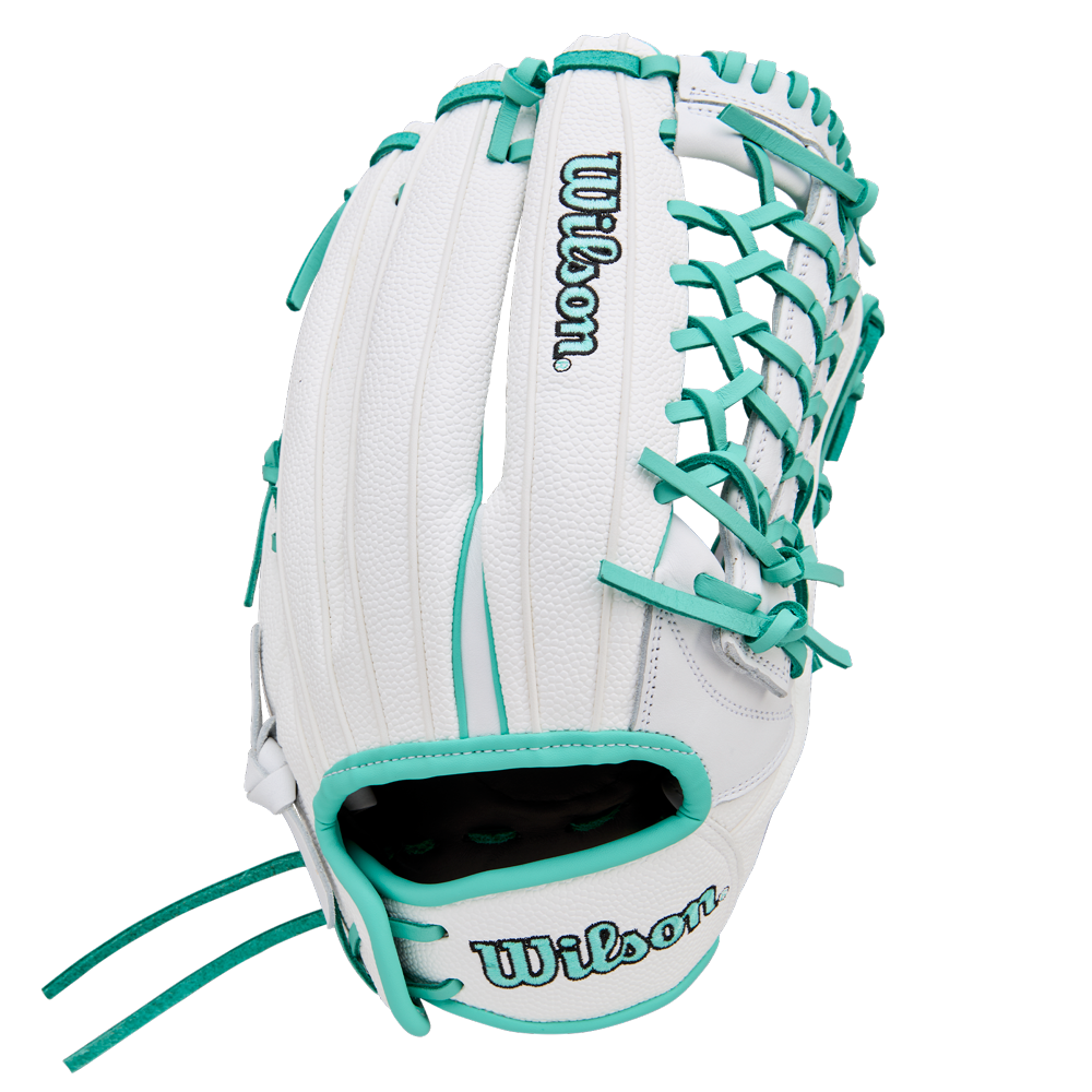The Wilson A1000 T125 12.5" Fastpitch Glove (WBW103970125) is a white youth softball glove made from full grain leather with teal laces and accents. The Wilson logo is displayed on the top and near the wrist, shown on a plain white background.