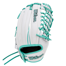 The Wilson A1000 T125 12.5" Fastpitch Glove (WBW103970125) is a white youth softball glove made from full grain leather with teal laces and accents. The Wilson logo is displayed on the top and near the wrist, shown on a plain white background.