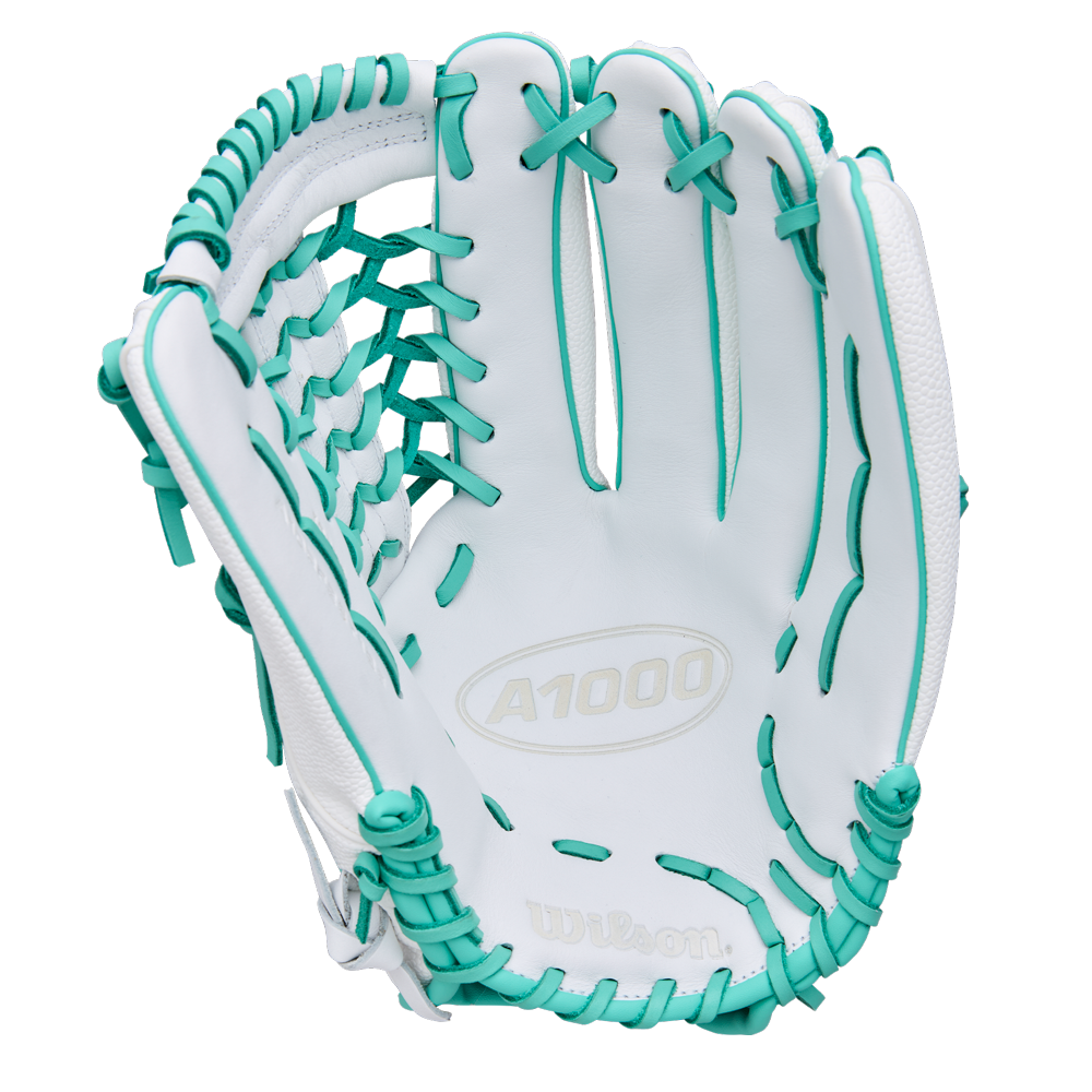 The Wilson A1000 T125 12.5" Fastpitch Glove (WBW103970125) by Wilson features white full grain leather with teal laces and accents, displayed open with the palm facing forward.