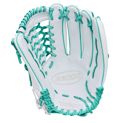The Wilson A1000 T125 12.5" Fastpitch Glove (WBW103970125) by Wilson features white full grain leather with teal laces and accents, displayed open with the palm facing forward.