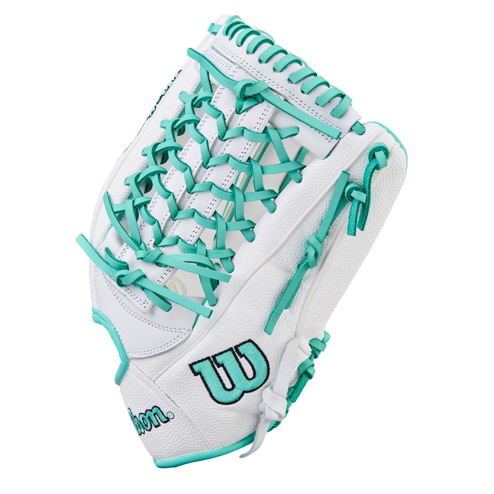 The Wilson A1000 T125 12.5" Fastpitch Glove features a white full grain leather build with teal laces and accents, plus the black and teal Wilson logo embroidered on the side, shown on a plain white background.