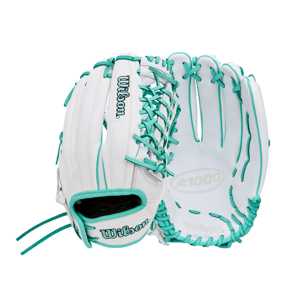 A Wilson A1000 T125 12.5" Fastpitch Glove (WBW103970125) by Wilson is displayed in white with teal lacing and accents, made from full-grain leather, showing both palm and back sides on a white background.