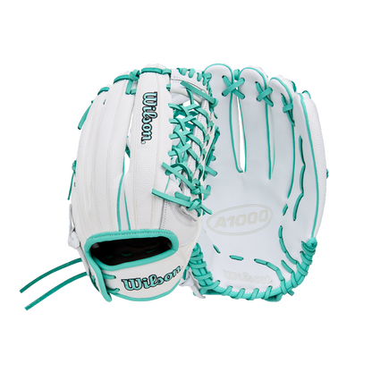 A Wilson A1000 T125 12.5" Fastpitch Glove (WBW103970125) by Wilson is displayed in white with teal lacing and accents, made from full-grain leather, showing both palm and back sides on a white background.