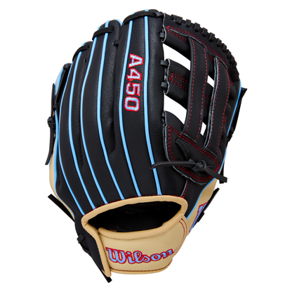 A Wilson A450 11″ Youth Baseball Glove (WBW10397811) by Wilson is displayed palm-side up; it features a black top-grain leather construction with blue stripes, red stitching, tan accents, and a Quick Fit Wrist for adjustable comfort—designed specifically for youth players.